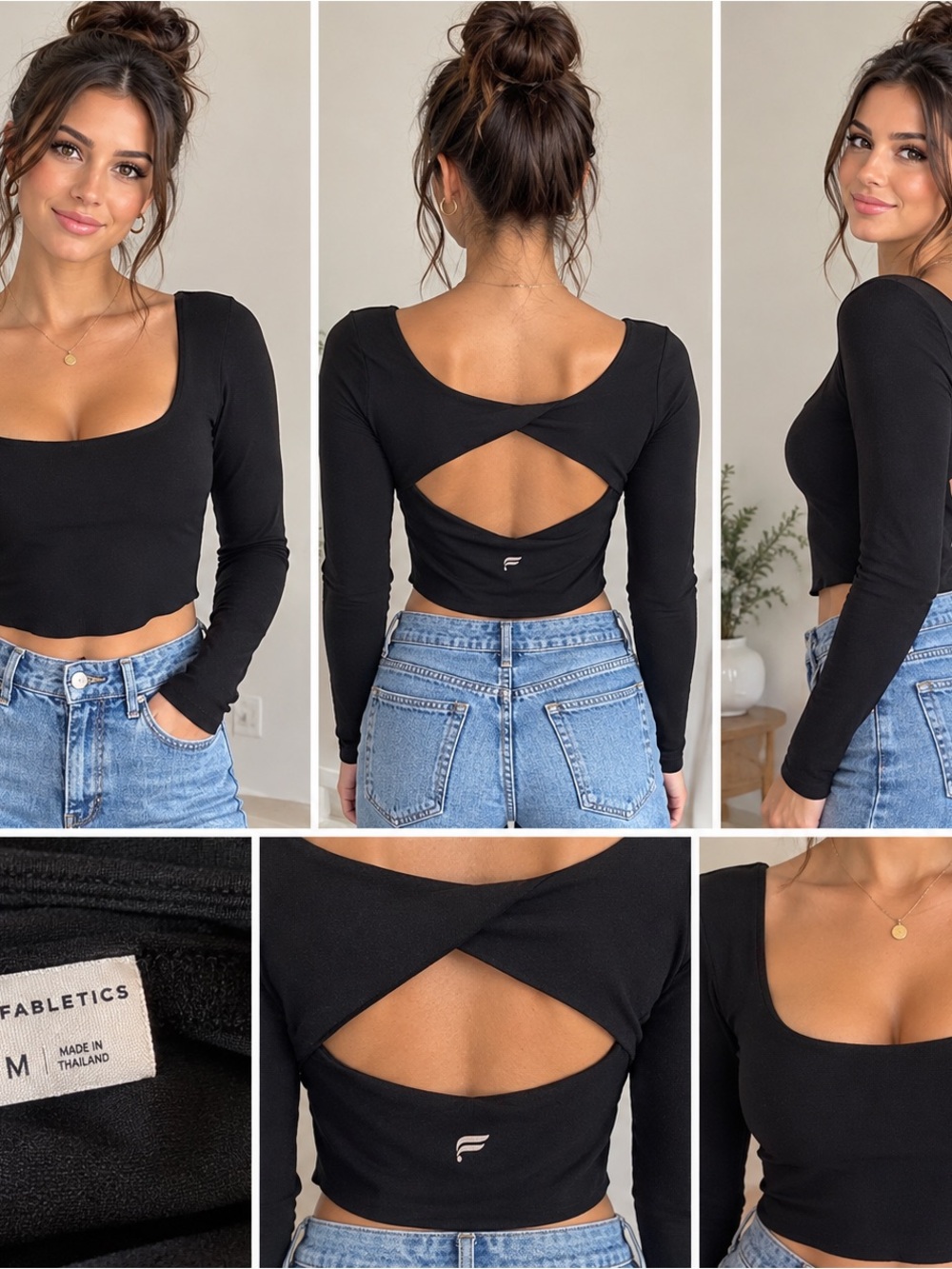Fabletics Black Long-Sleeve Crisscross Back Crop Top